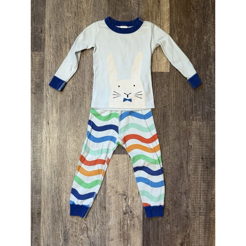 Hanna Andersson Bunny Organic Cotton Pajama Set 3T Blue Rainbow Stripes Easter